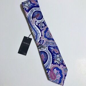 Cremieux Mens Silk Necktie Blue Pink Paisley Floral Hand Made in USA NWT